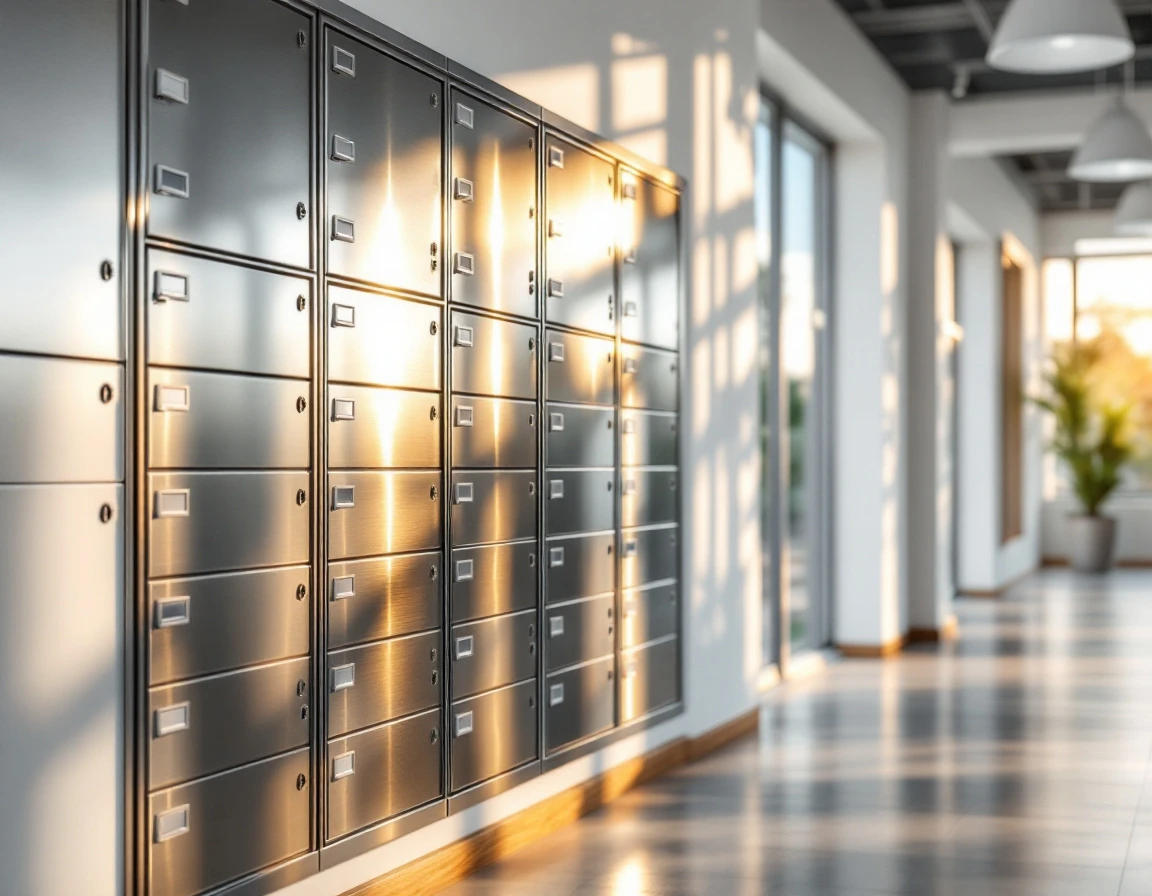 Professional mailbox rental facility with secure stainless steel units and organized access area