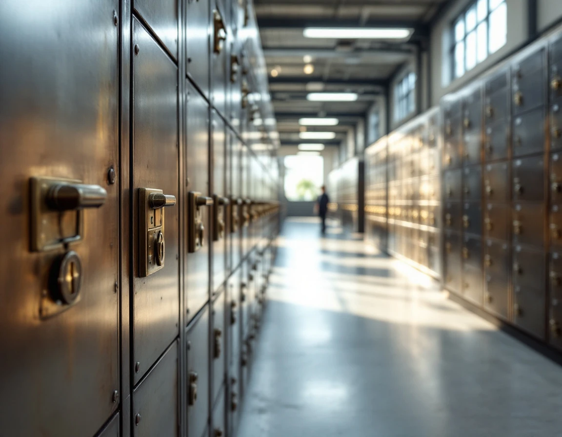 Commercial mailbox facility interior with organized metallic mailbox banks and professional sorting stations