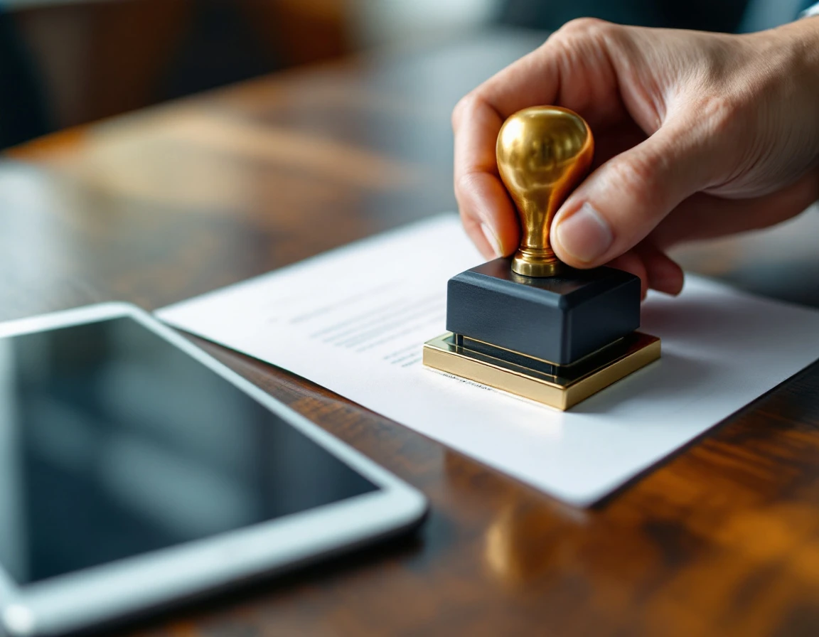 Notary embossing seal being pressed onto document beside digital tablet on wooden desk
