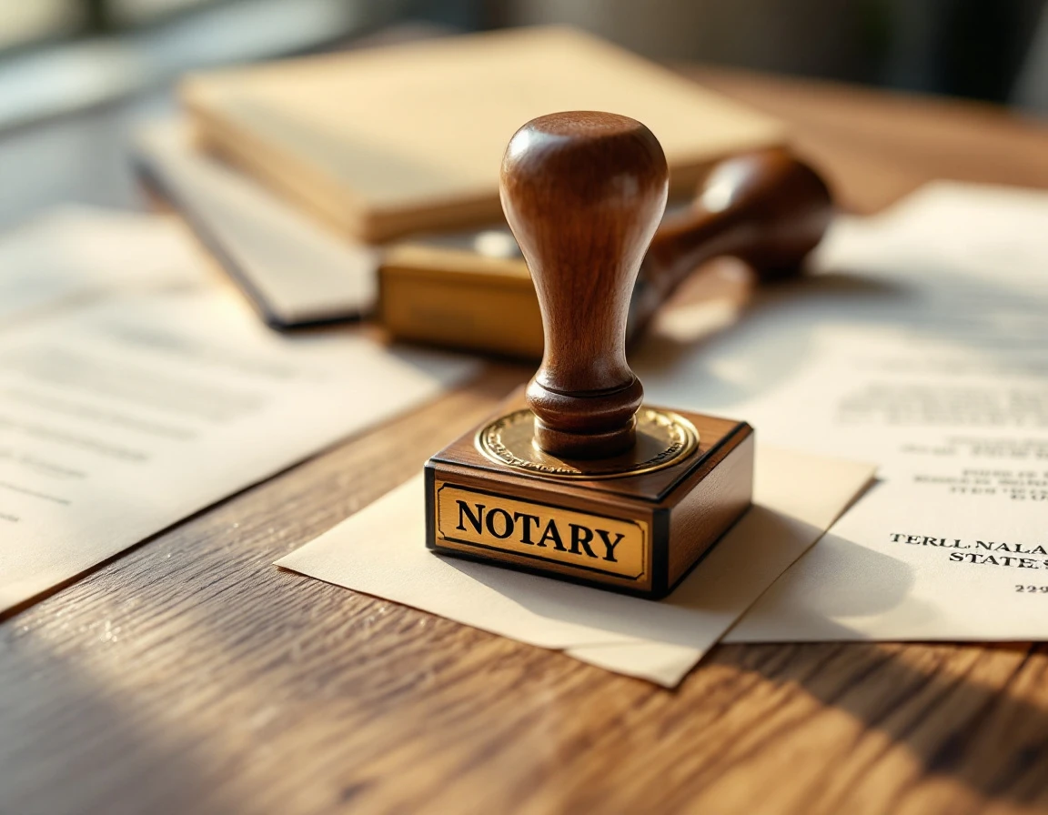 Traditional wooden notary seal stamp on professional desk with legal documents in natural office lighting