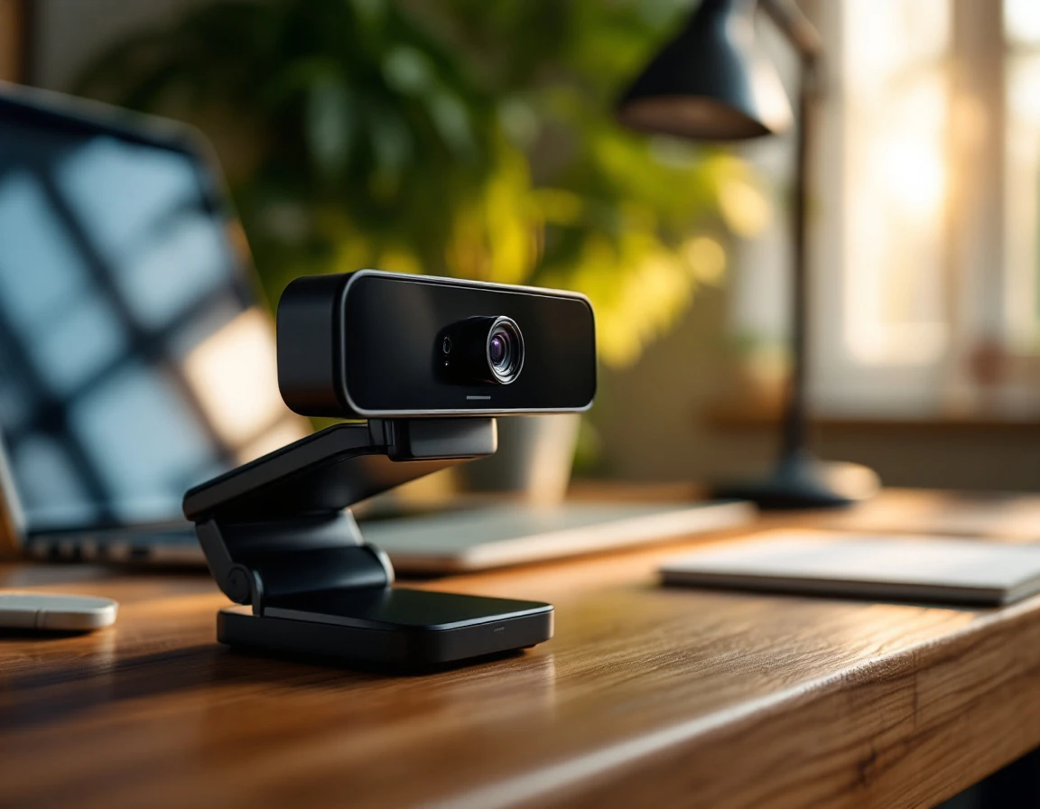 Professional streaming camera on desk setup for remote online notarization sessions