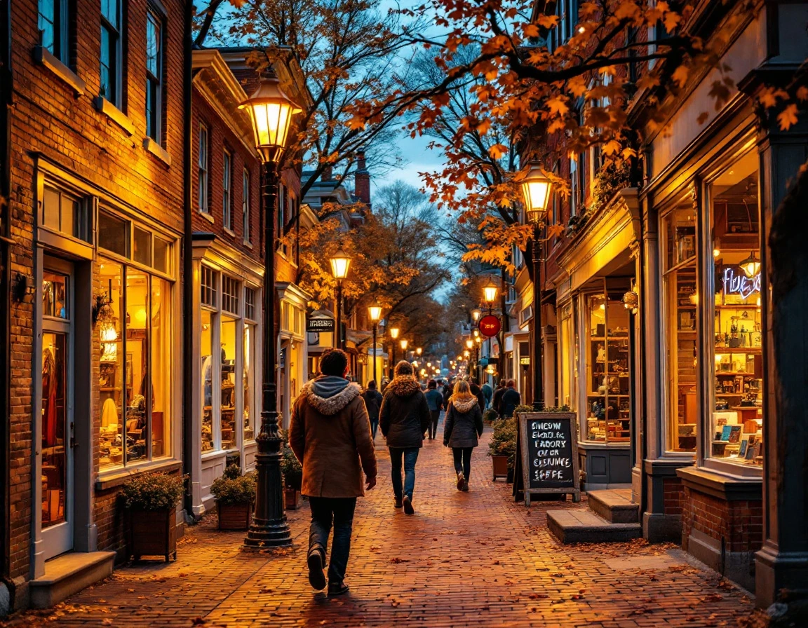 Autumn evening on a traditional shopping street with independent retail storefronts and pedestrians