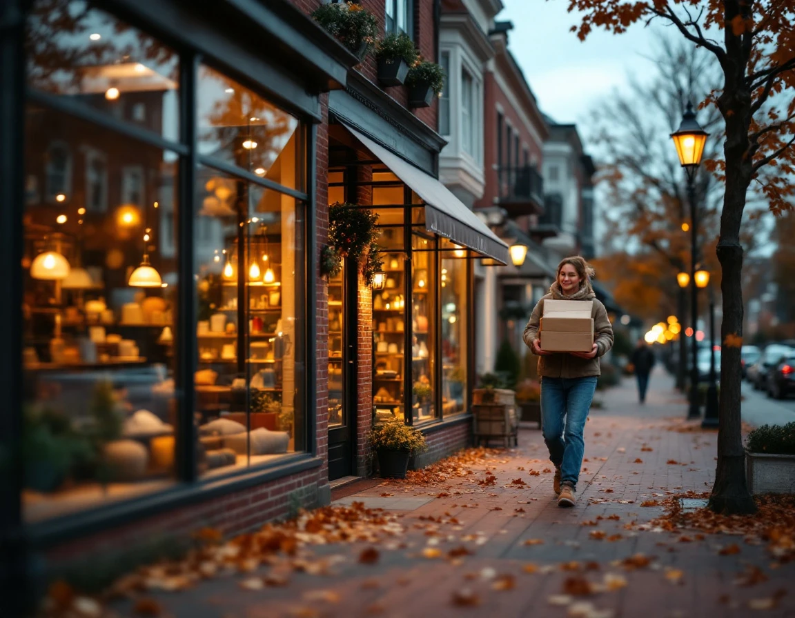 Independent retail storefront with warm interior lighting on quiet autumn neighborhood shopping street