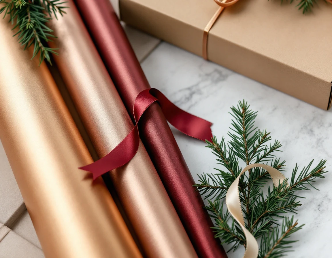 Gift wrapping materials including metallic paper rolls, kraft boxes, satin ribbons, and fresh pine boughs