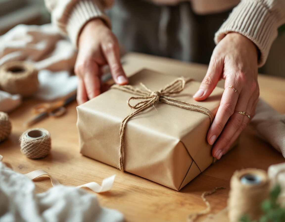Hands wrapping a gift with kraft paper and twine at a clean workspace with natural lighting