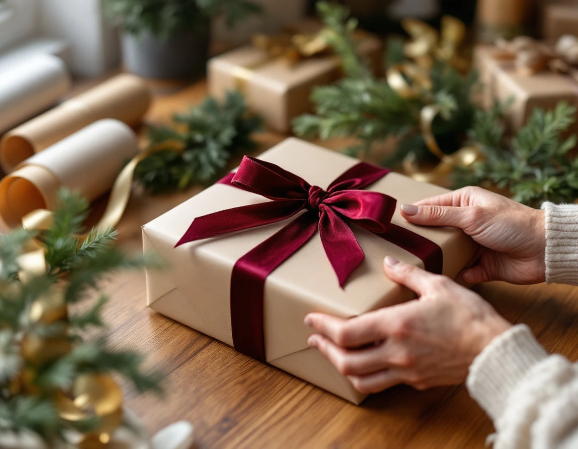 Hands tying burgundy ribbon on kraft paper wrapped package with holiday gift wrapping supplies on work table