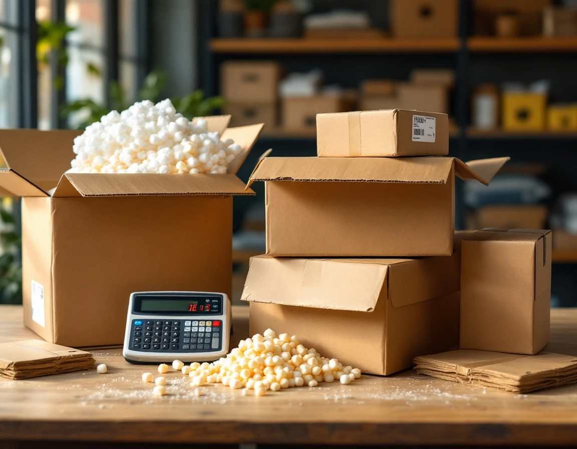 Pack-and-ship workspace with cardboard boxes, packing materials, and postal scale on wooden work surface