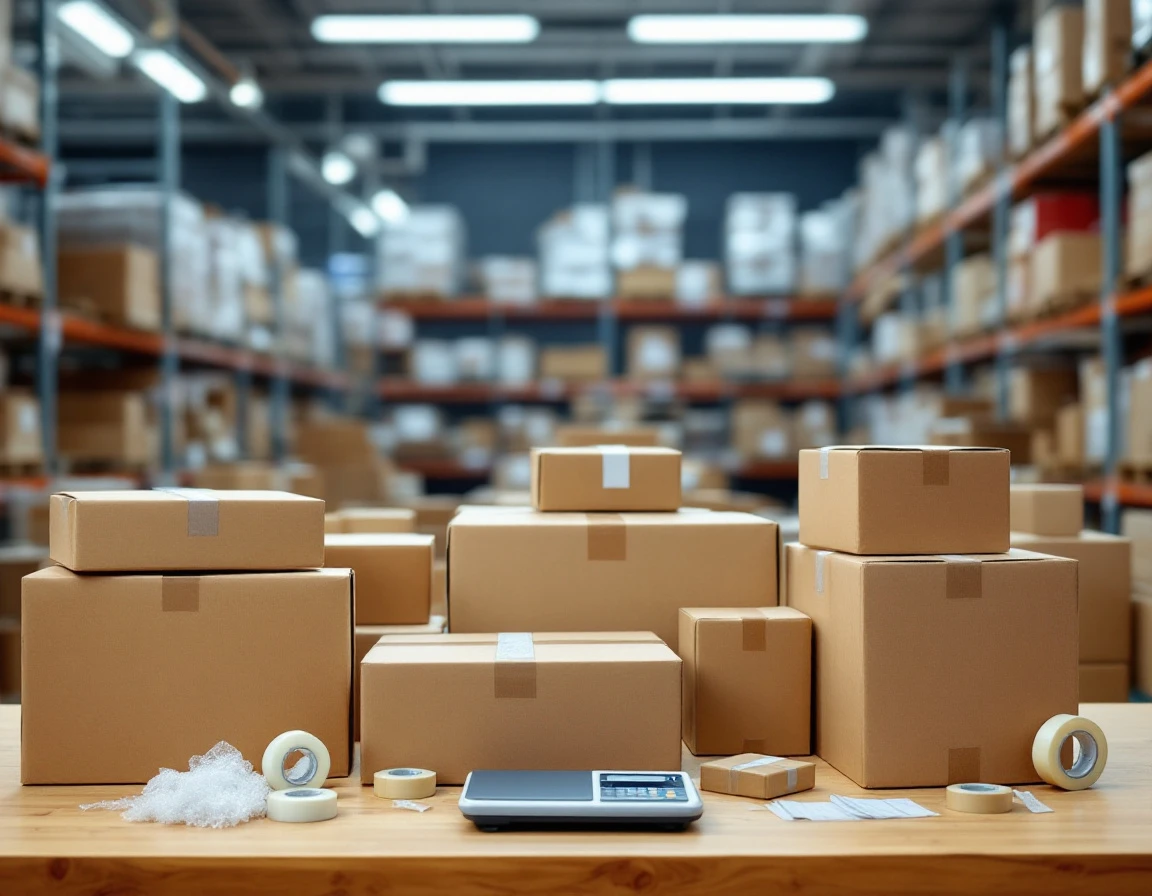 Pack-and-ship workspace with shipping boxes, packing materials, and digital scale in warehouse setting