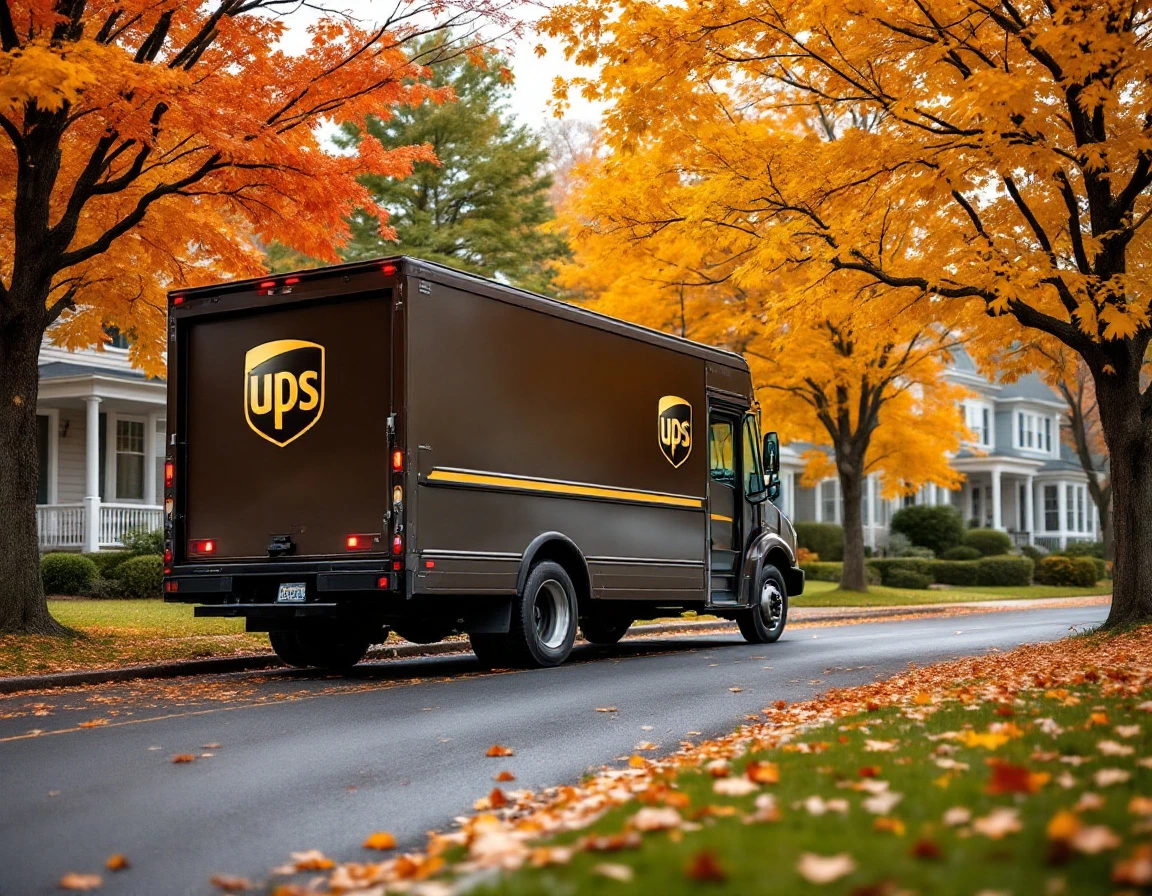 Brown delivery truck parked on residential street lined with autumn trees during peak holiday shipping season