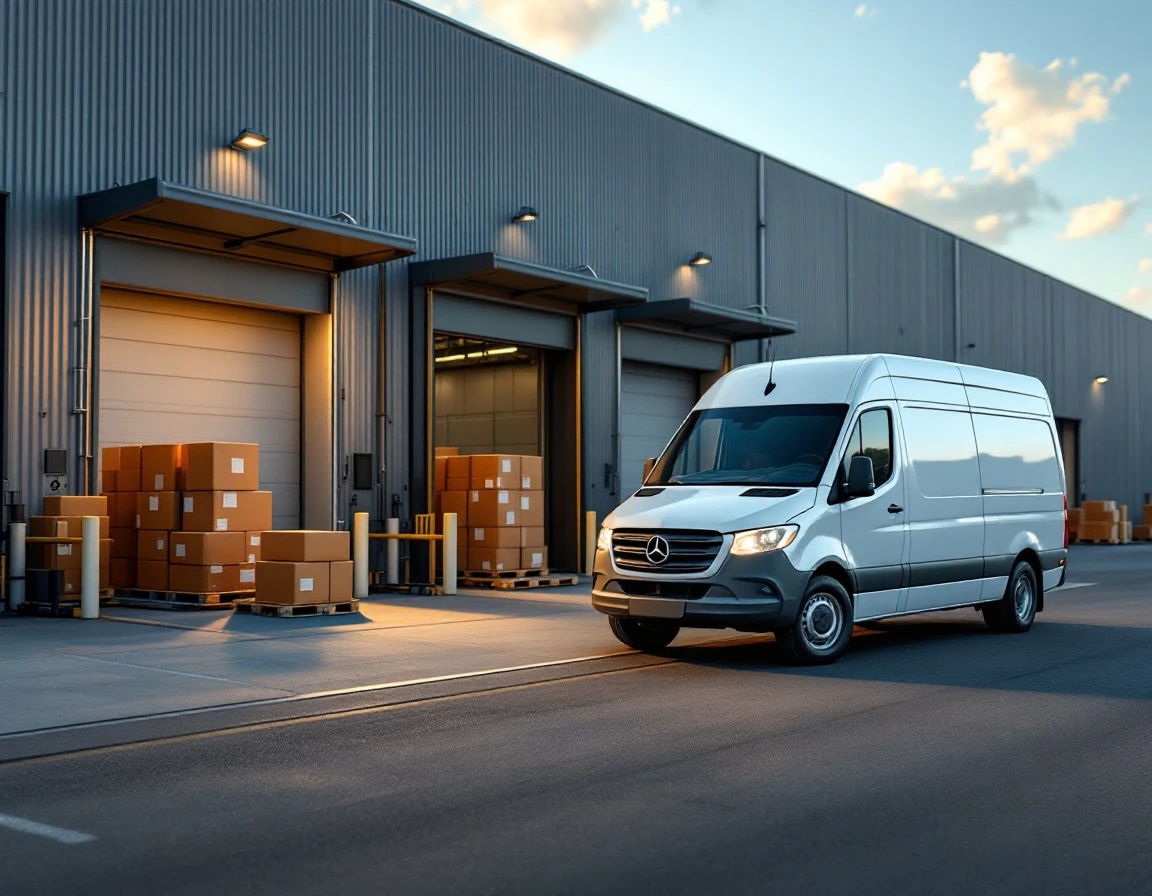 Commercial delivery van at logistics warehouse facility with shipping boxes and loading dock infrastructure