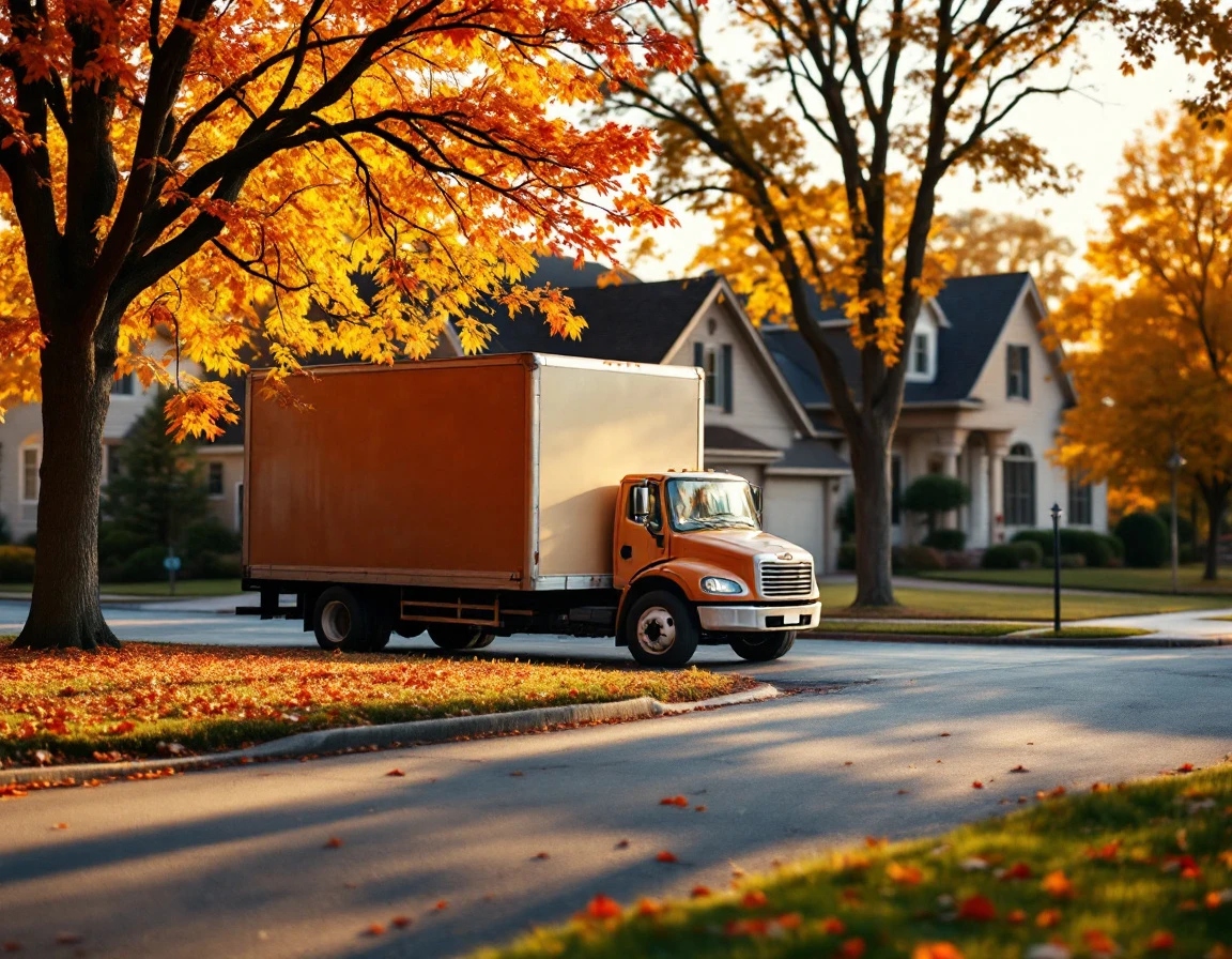 Delivery truck parked on suburban residential street during fall afternoon package delivery route