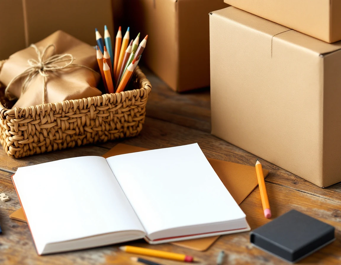 Back-to-school supplies including pencils, blank sketchbook, and shipping boxes arranged on retail counter