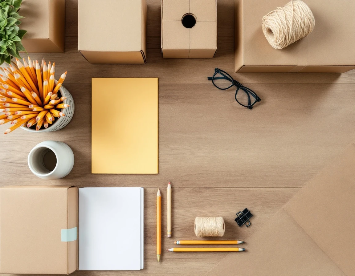 Overhead flat lay of shipping boxes, school supplies, and office materials arranged on wooden surface