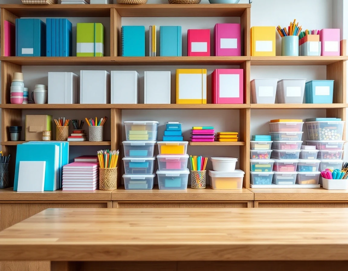 Organized retail display of colorful school supplies on wooden shelving at point-of-sale counter