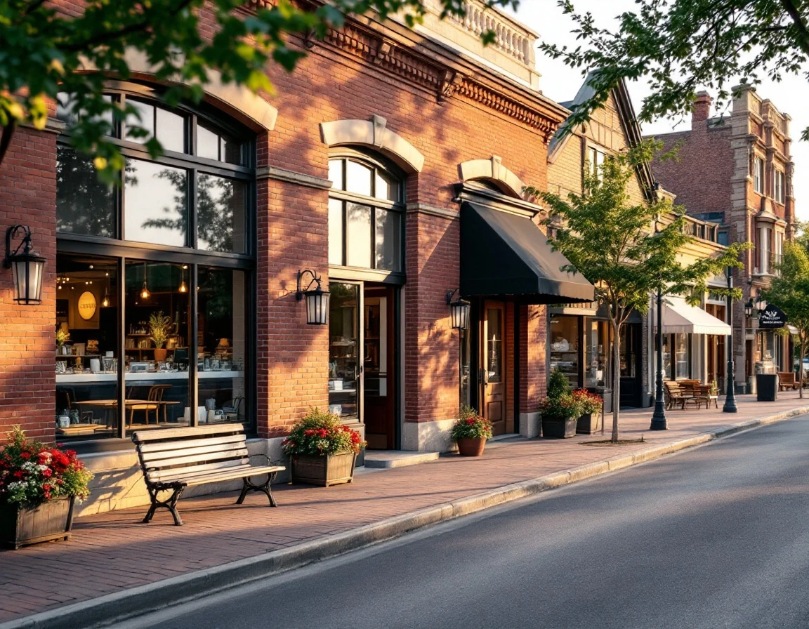 Small-town retail street with brick storefronts and seasonal planters in warm evening light