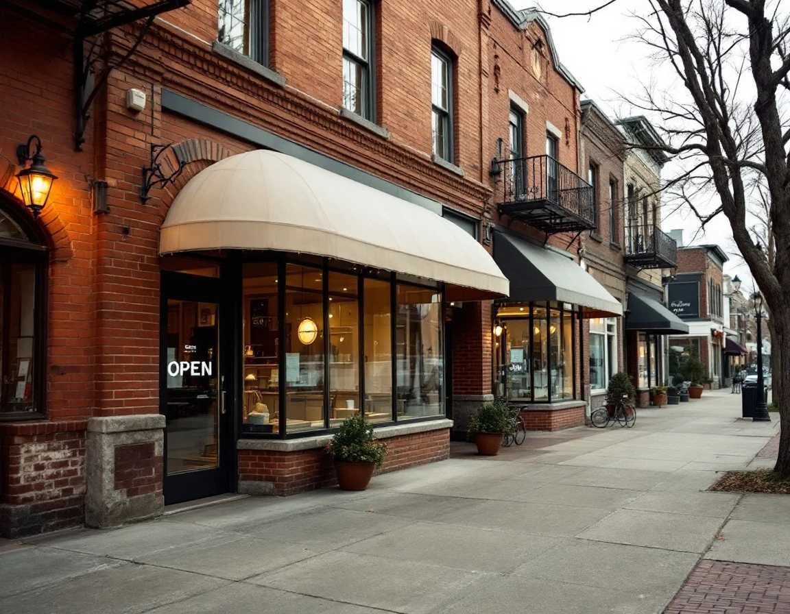 Small-town retail street with vacant storefronts and muted brick facades on an overcast afternoon