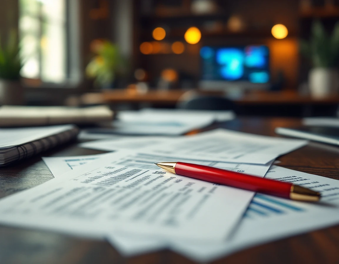 Blurred financial documents with red pen on office desk under natural lighting