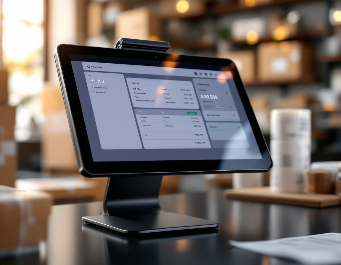 Point-of-sale tablet displaying tax calculation interface on pack-and-ship store counter with shipping supplies