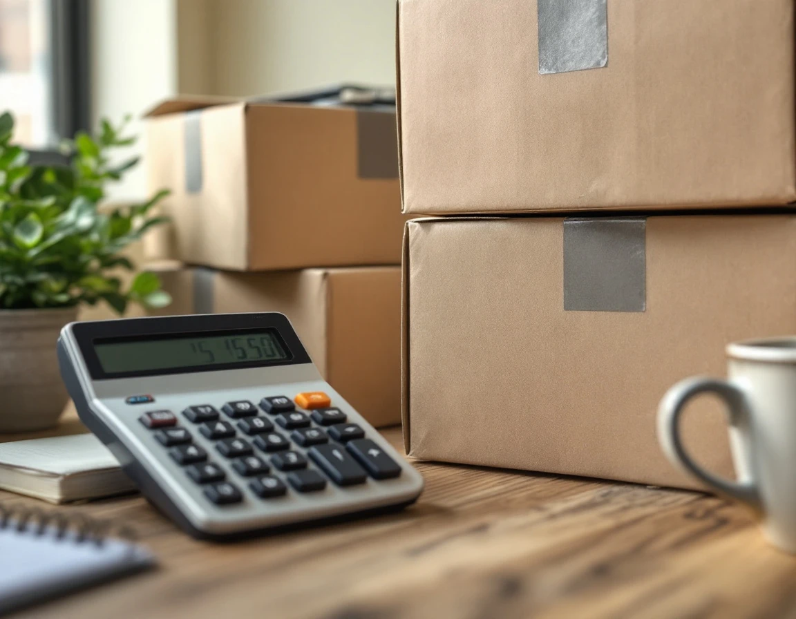 Desktop calculator and shipping boxes on wooden desk in pack-and-ship store workspace