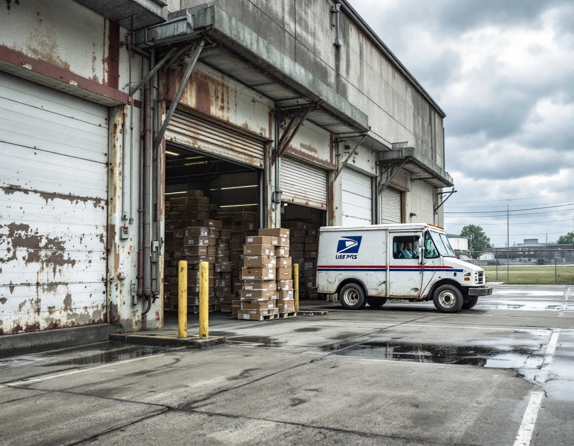 USPS loading dock with weathered delivery truck and backed-up mail containers under overcast skies