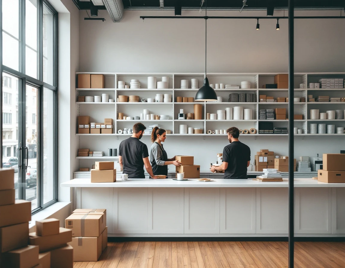 Modern shipping retail store interior showing organized supplies and staff assisting customer at service counter
