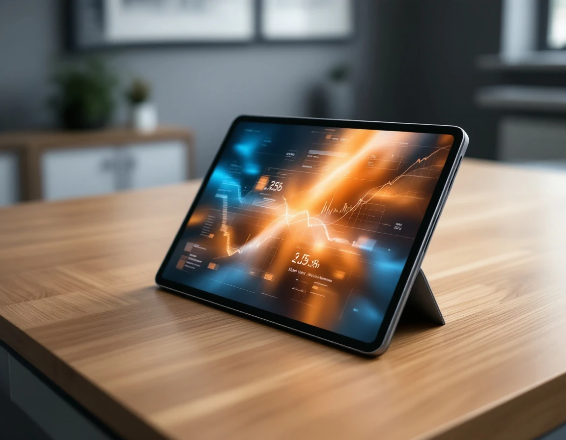 Modern tablet device on wooden desk showing blurred data visualization screen in retail office setting