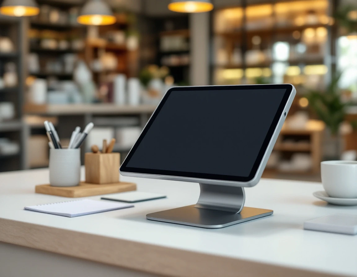 Modern POS terminal on retail counter with office accessories and blurred store background