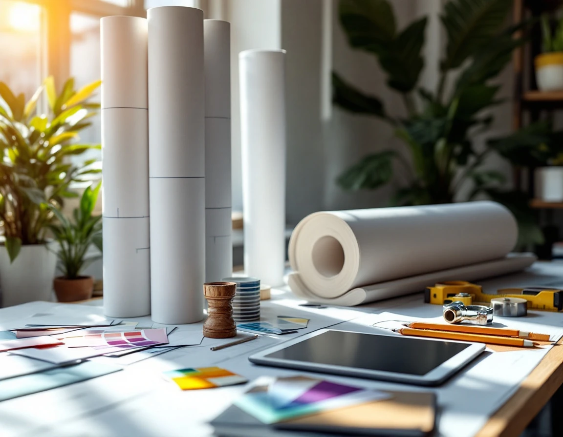 Rolled large-format prints and design materials arranged on a professional workspace with natural lighting