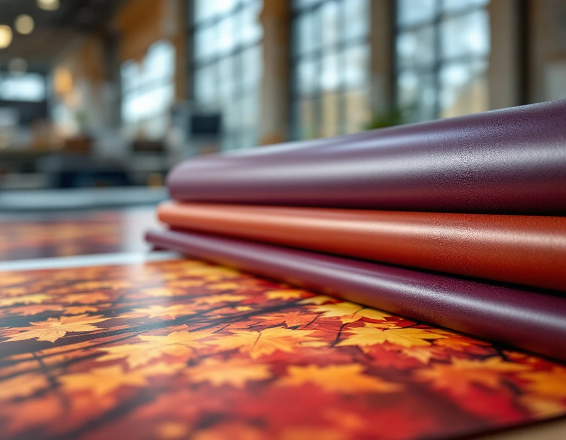 Professional trade show banners and display materials with autumn colors on commercial printing workspace