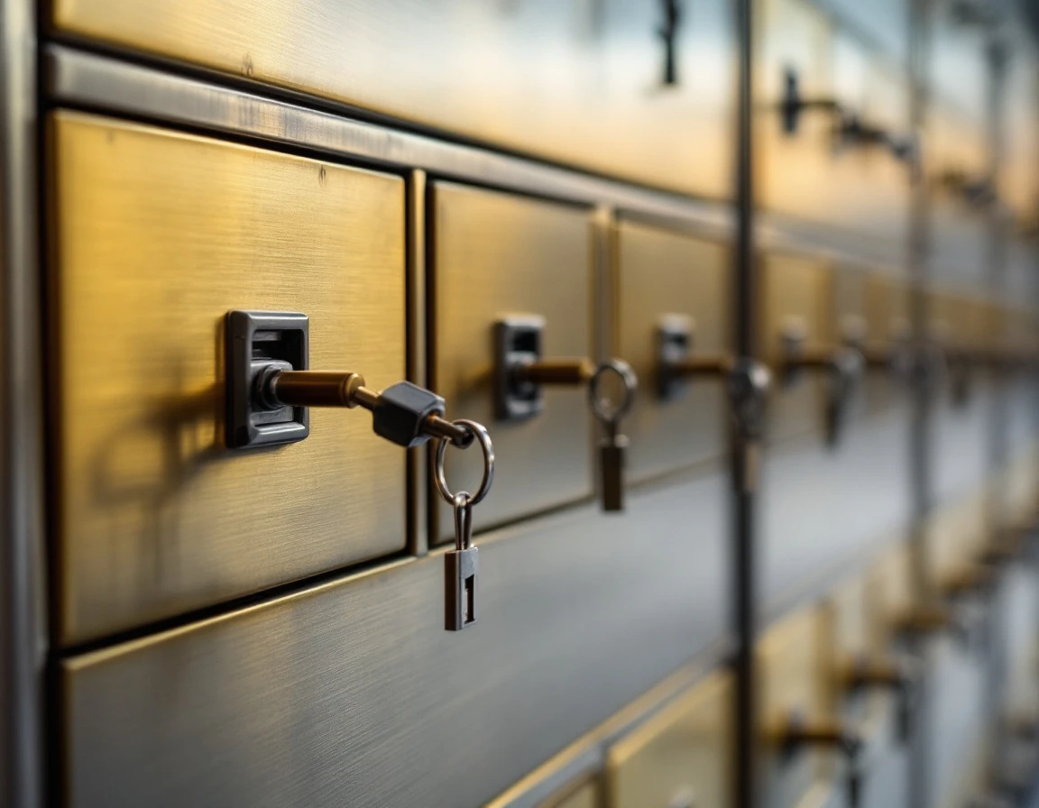 Commercial mailbox cluster with individual brass locks and metal compartments for mail receiving agency
