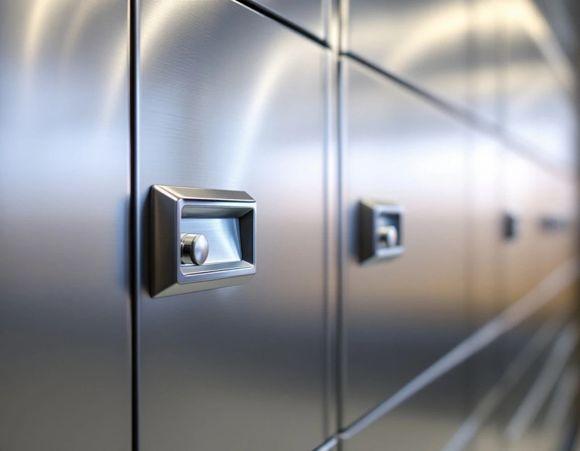Clean commercial mailbox unit with unmarked stainless steel doors and secure locking mechanisms
