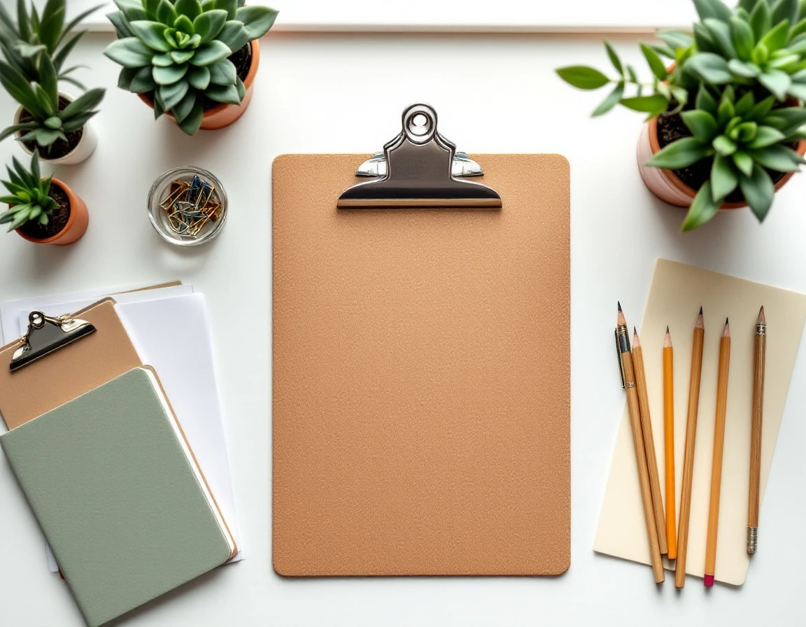 Organized office desk with clipboard and stationery for mailbox rental compliance documentation