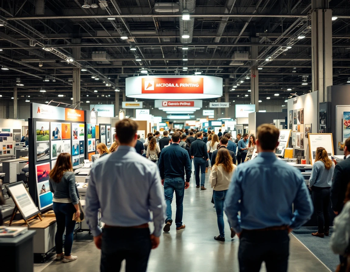 Trade show floor with printing equipment displays and attendees examining machinery and printed samples