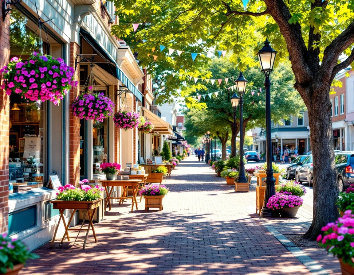 Colorful summer retail street with flower baskets, bunting, and outdoor merchandise displays on brick sidewalk
