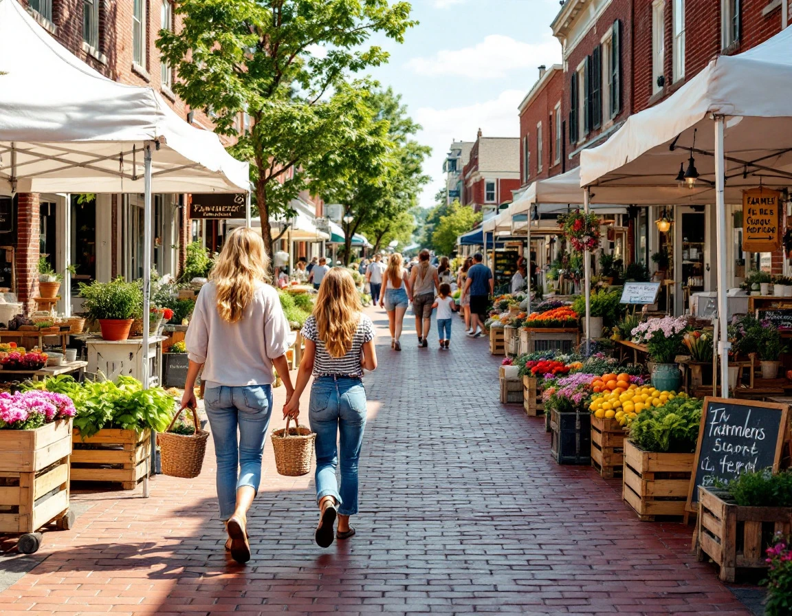 Summer farmers market with vendor tents along main street sidewalk drawing foot traffic to local businesses