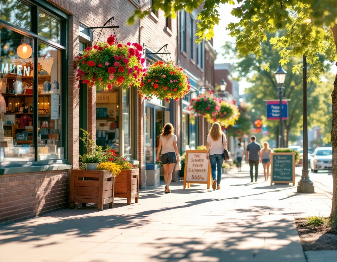 Summer main street with local retail storefronts and pedestrians in a small-town shopping district
