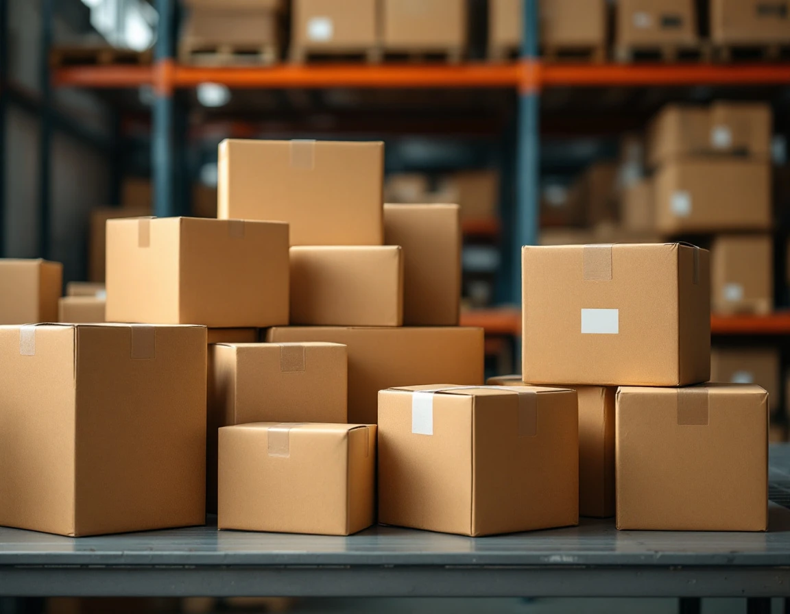Cardboard shipping boxes of varying dimensions stacked on warehouse shelving with dramatic lighting