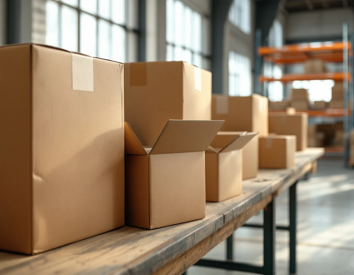Various sized cardboard shipping boxes arranged on warehouse workbench with natural lighting and packing materials