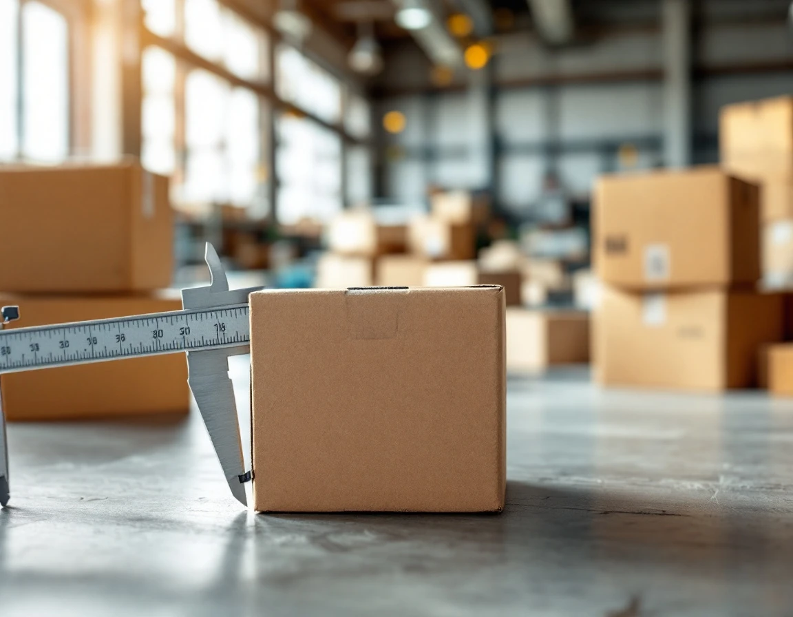 Digital caliper measuring a cardboard shipping box on a warehouse workbench