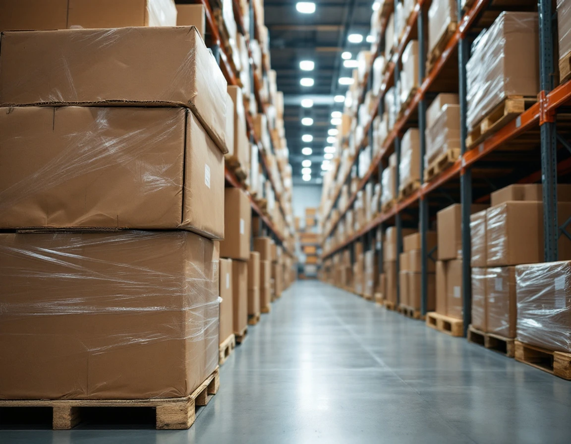 Warehouse shipping boxes and packing materials in a modern fulfillment center
