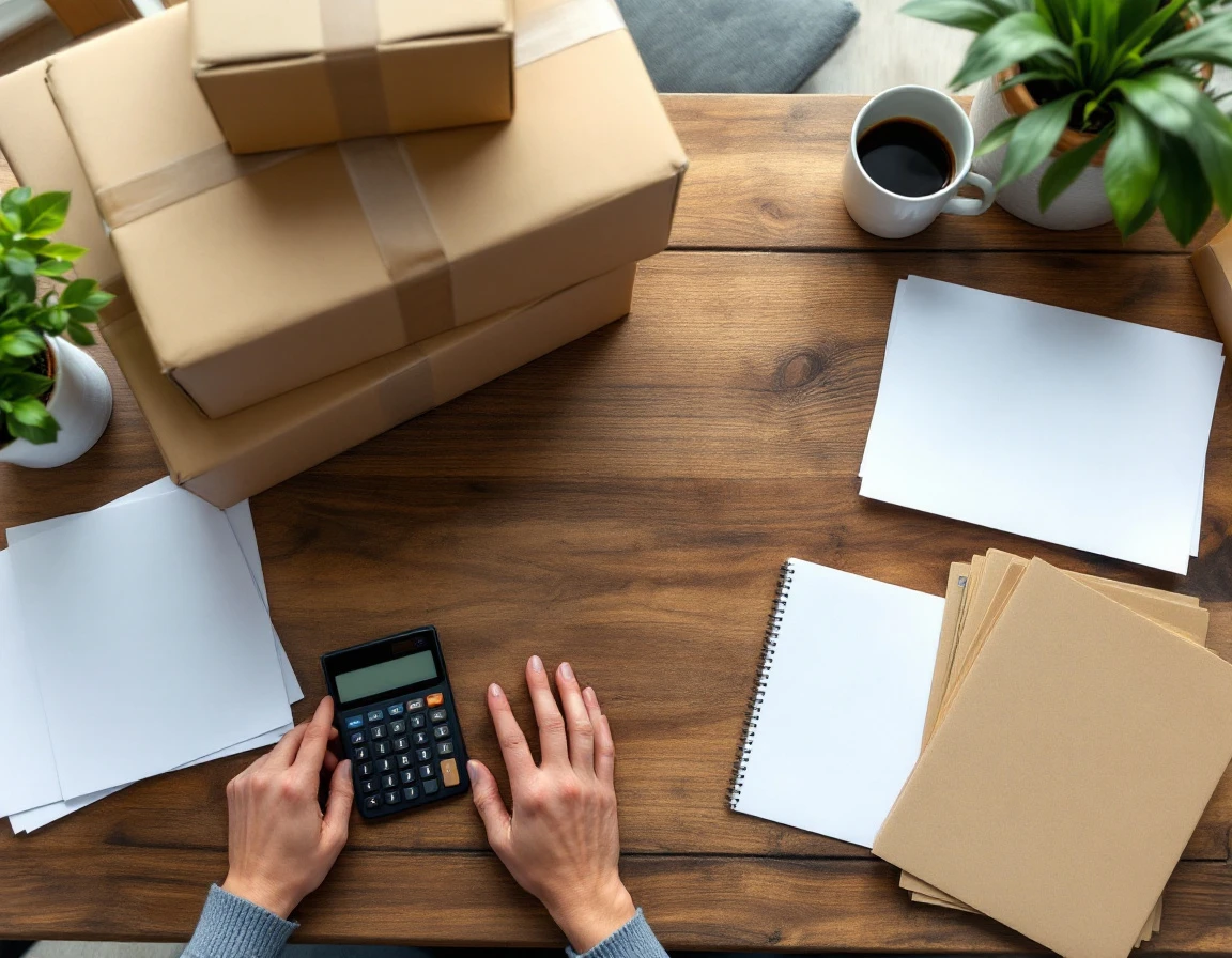 Shipping boxes and calculator on desk representing customs duty calculations for international parcels