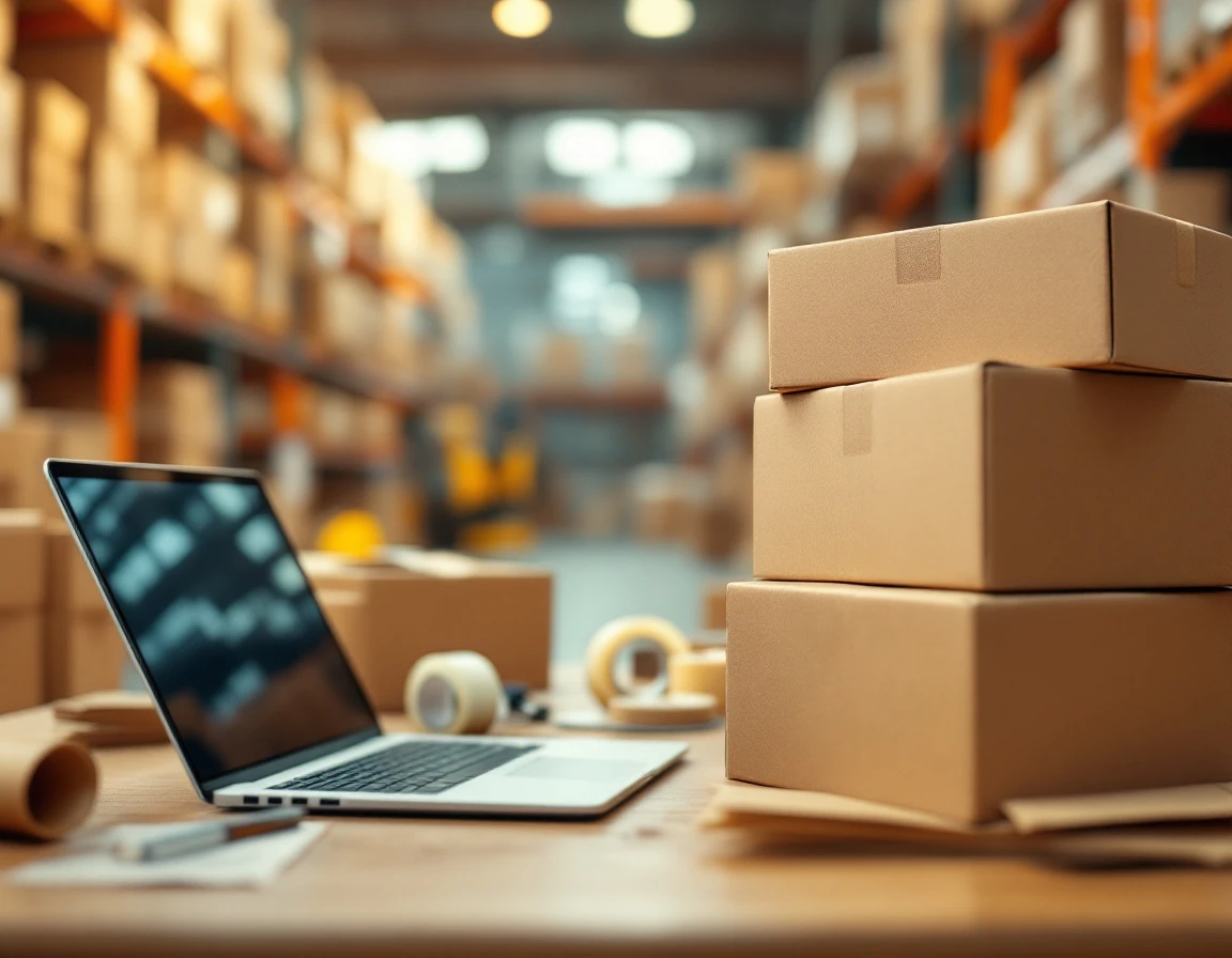 Pack-and-ship workspace with cardboard boxes, laptop, and shipping supplies in a warehouse setting