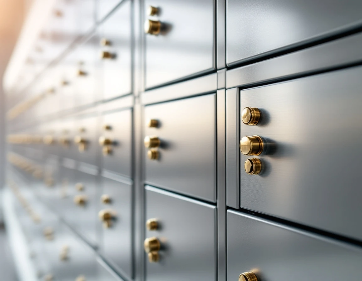 Commercial mailbox units with brass locks in a CMRA facility showing professional rental hardware