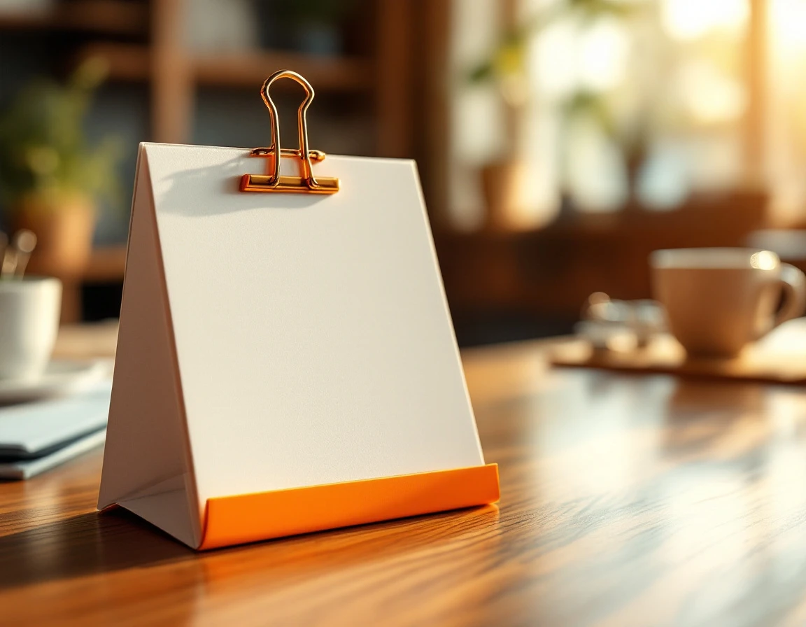 Premium cardstock service menu held by orange binder clip on wooden desk with golden hour lighting