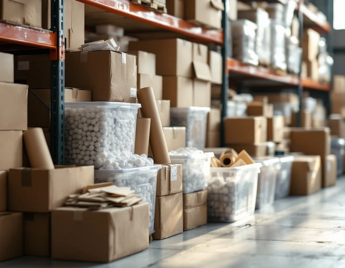 Mixed shipping supplies, print materials, and mailbox consumables organized on warehouse shelving with natural wear