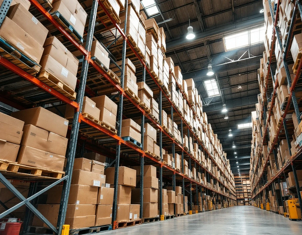 Warehouse shelving stacked with brown cardboard inventory boxes in organized rows with natural lighting