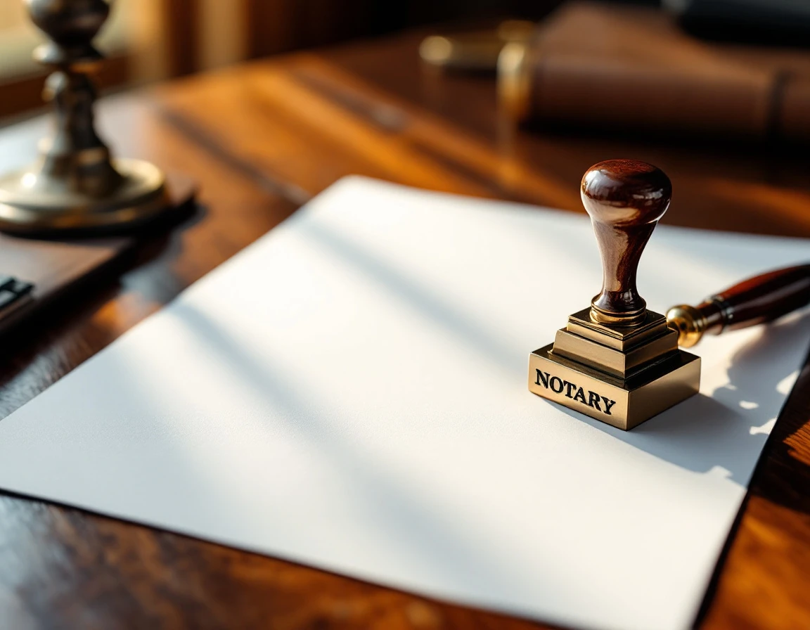 Notary seal and fountain pen on blank document on wooden desk in professional office setting