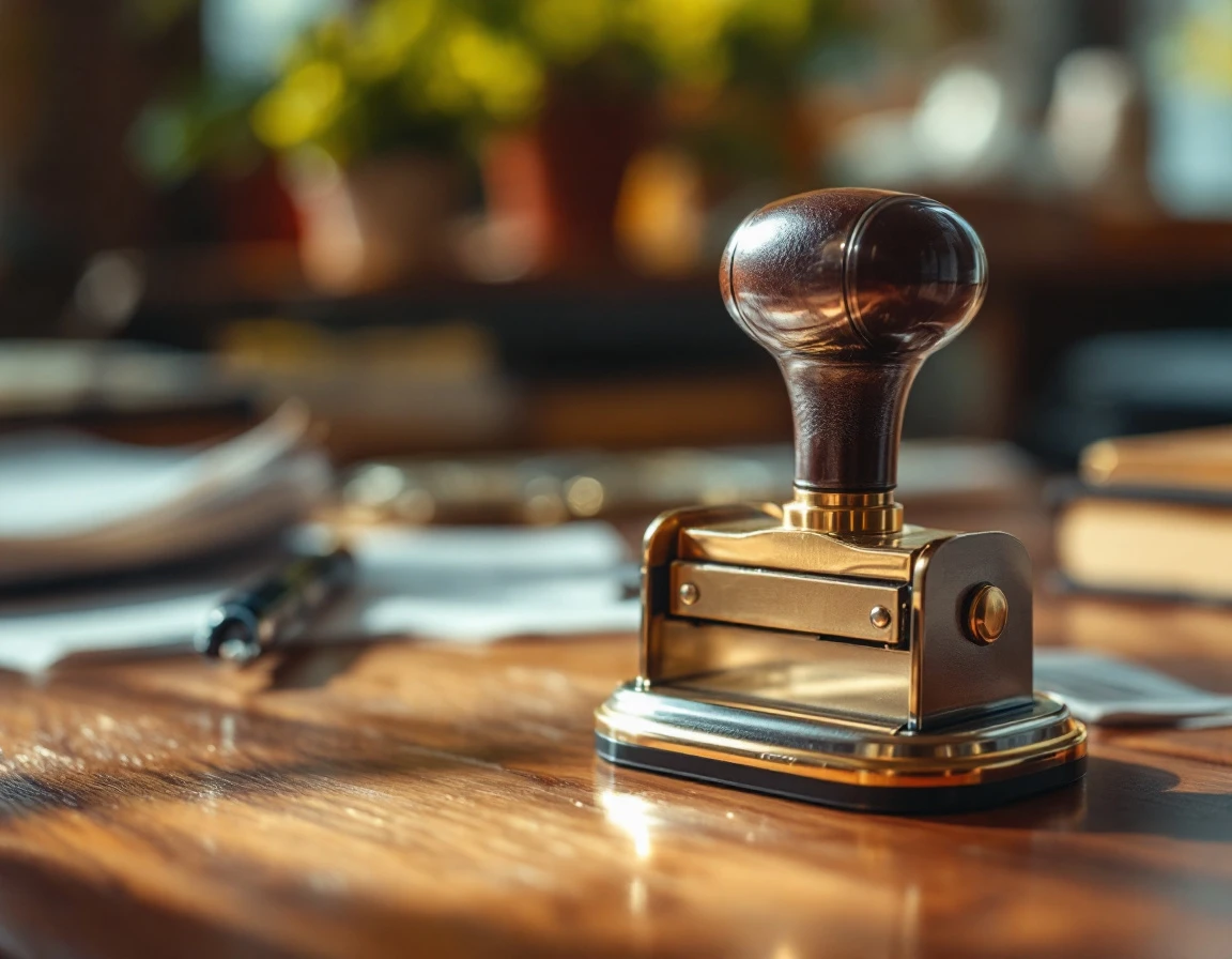 Professional notary embosser stamp on wooden desk with business documents softly blurred in background
