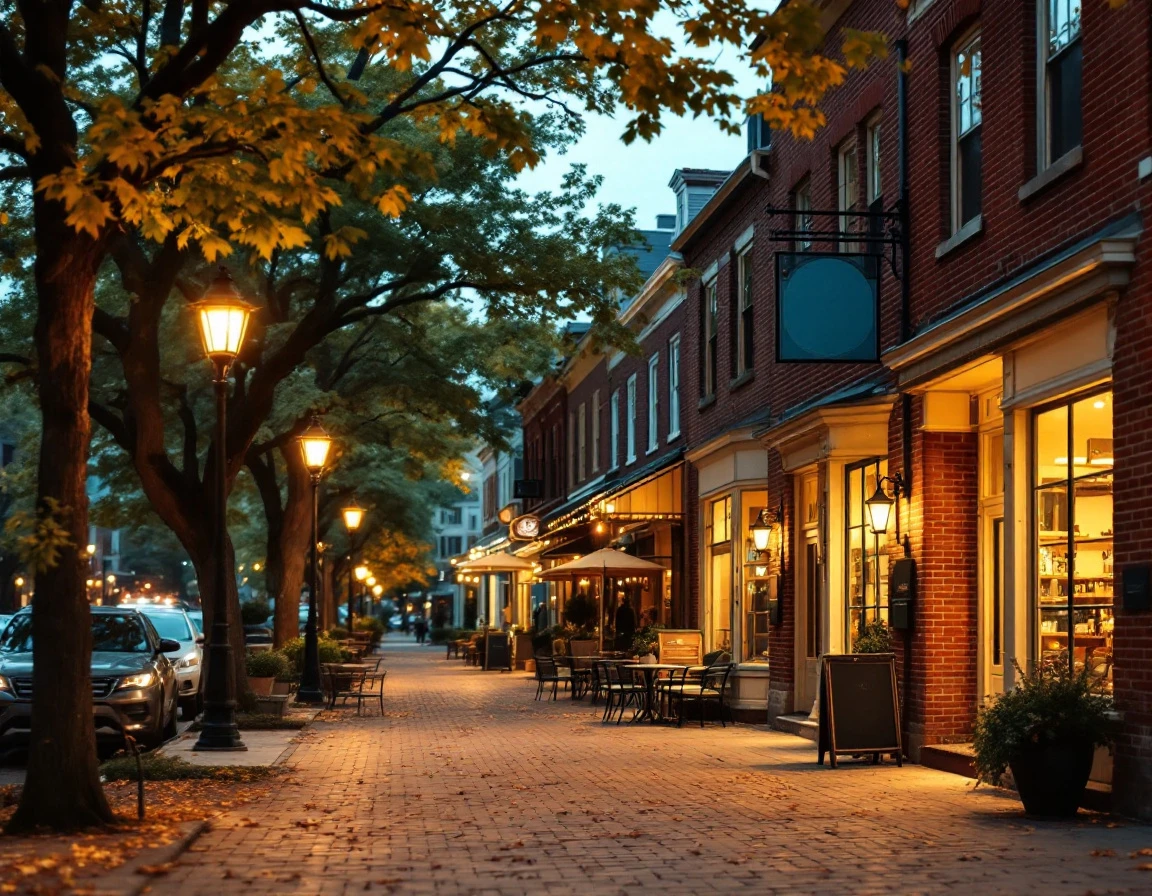 Historic brick downtown street with local storefronts and mature trees at dusk