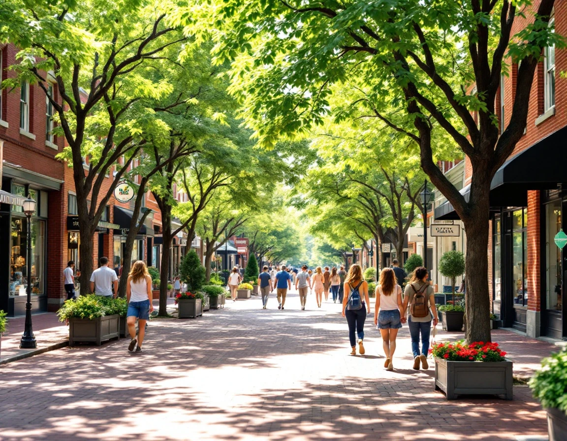 Tree-lined small business shopping district with pedestrians and brick storefronts on a summer day